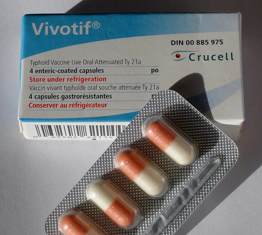 Vivotif, a live attenuated bacterial vaccine that protects against typhoid. Made in Switzerland by Crucell.